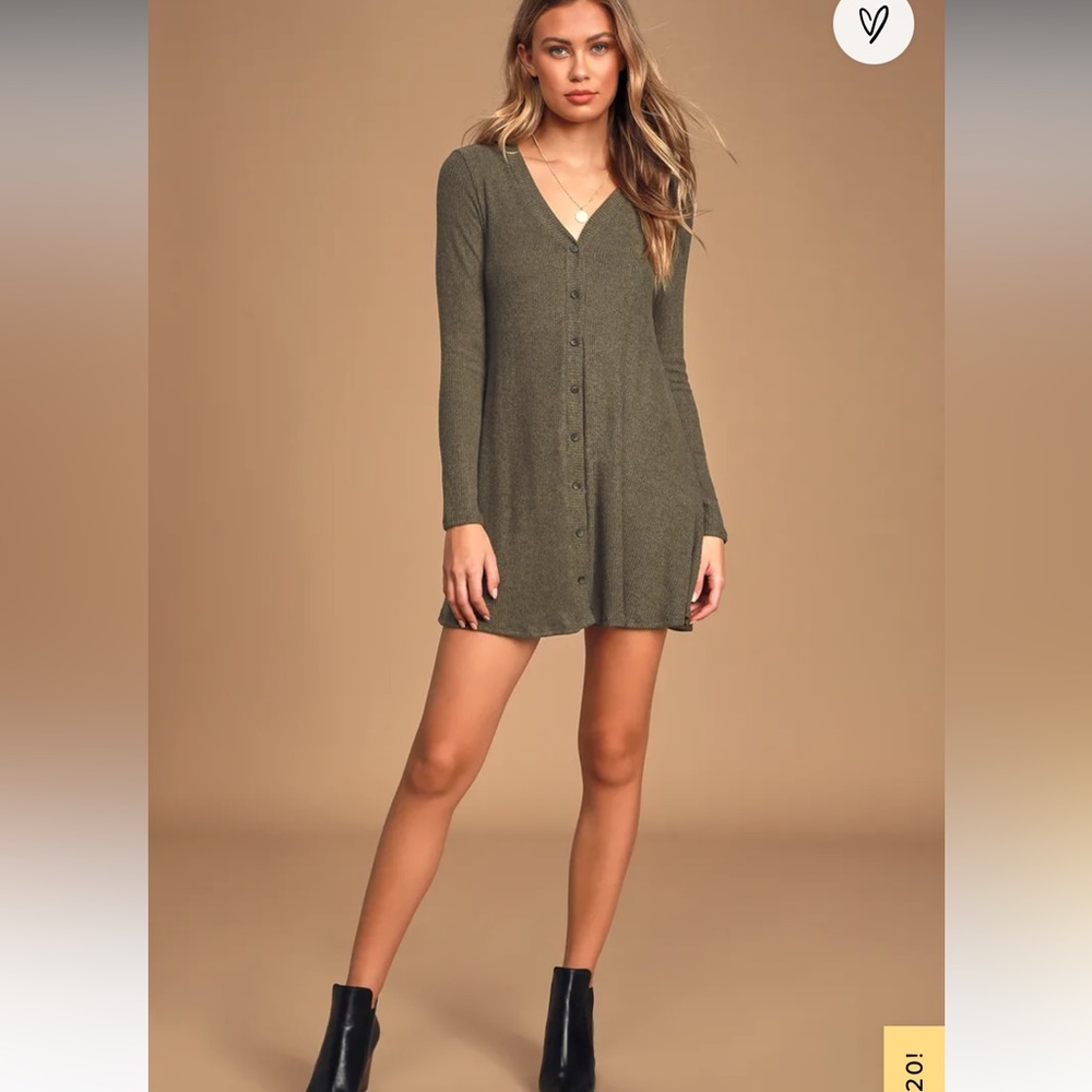 Lulu's Olive Green Button Down Sweater Dress